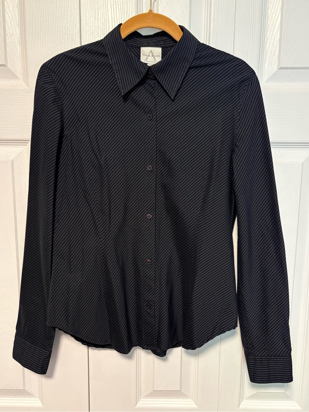 Anne Klein Navy Blue Pinstriped Long-Sleeve Button Down Shirt